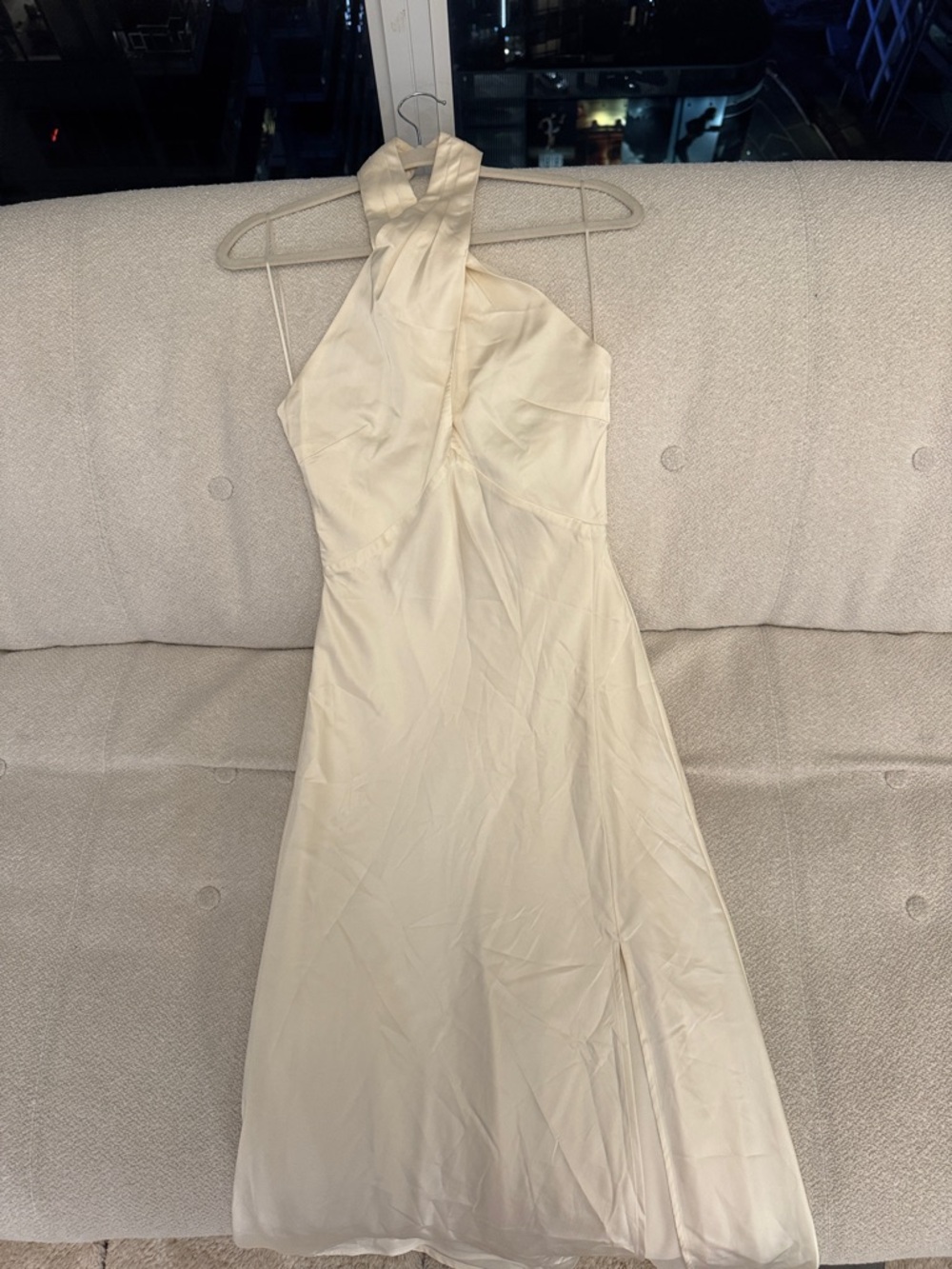 Astr One-Shoulder Cream Twist Halter Evening Dress